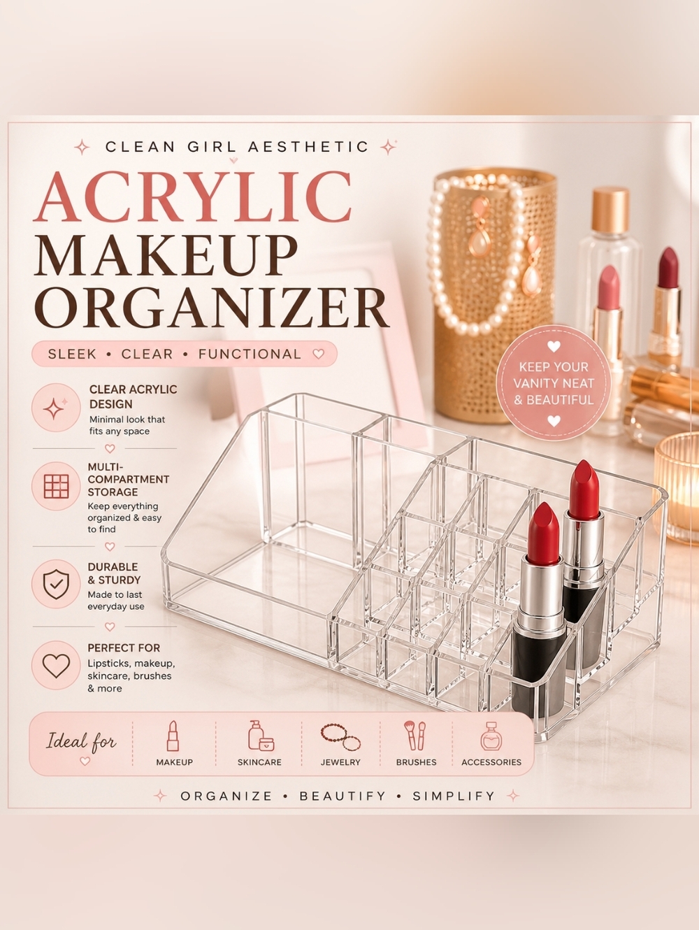 Clean Girl Aesthetic Transparent Makeup Organizer with Multiple Compartments